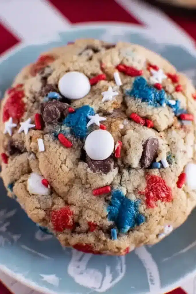 Soft 4th of July cookies with red white and blue candies and sprinkles