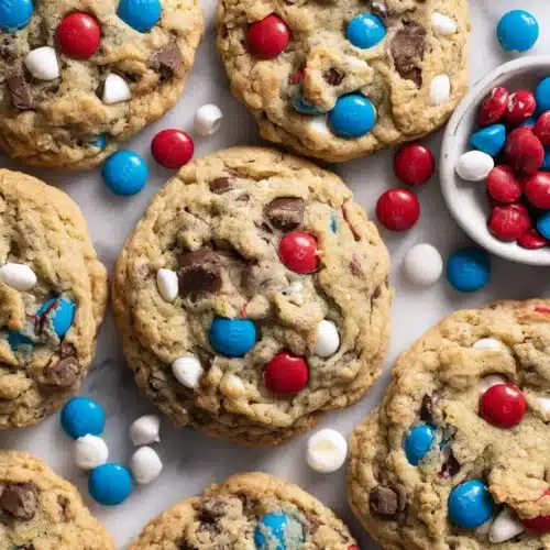 4th of July Monster Cookies with red white and blue candies and chocolate chips