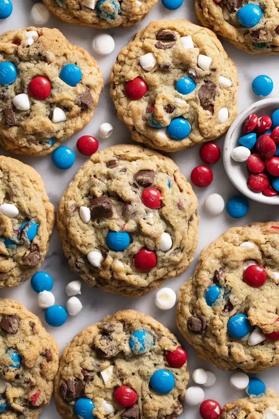 4th of July Monster Cookies with red white and blue candies and chocolate chips