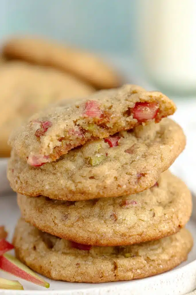 Brown Sugar Rhubarb Cookies That Are Soft, Chewy, and Irresistible 2 Brown Sugar Rhubarb Cookies with soft chewy center and broken cookie texture