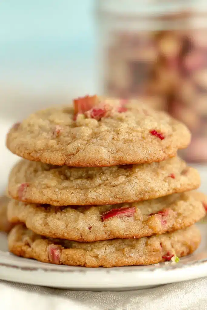 Brown Sugar Rhubarb Cookies That Are Soft, Chewy, and Irresistible 1 Brown sugar rhubarb cookies stacked with soft centers and golden crisp edges