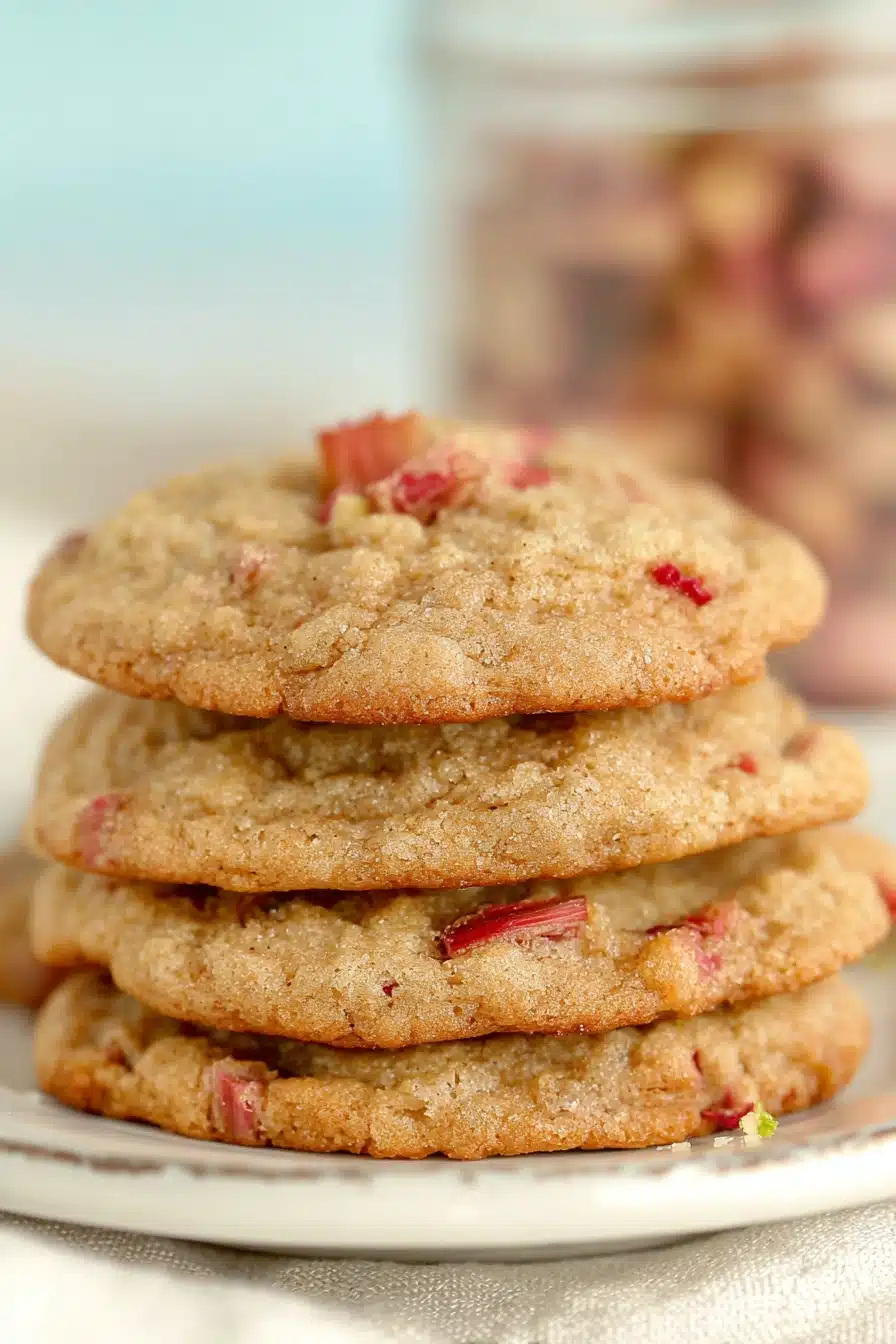 home 9 Brown sugar rhubarb cookies stacked with soft centers and golden crisp edges