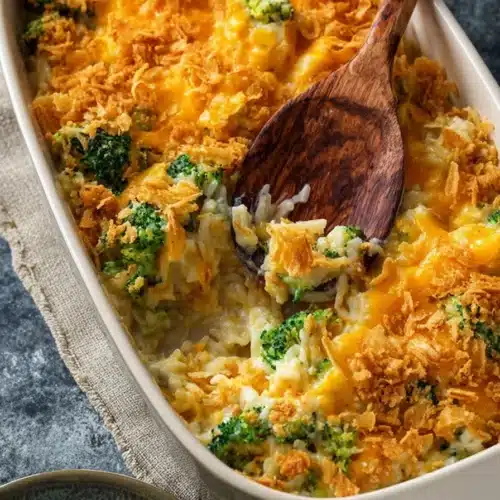 Chicken broccoli rice casserole with melted cheese and crispy topping in baking dish