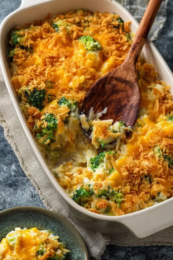 Chicken broccoli rice casserole with melted cheese and crispy topping in baking dish