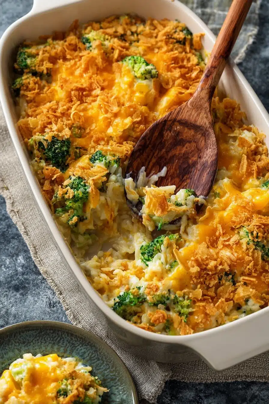 Chicken broccoli rice casserole with melted cheese and crispy topping in baking dish