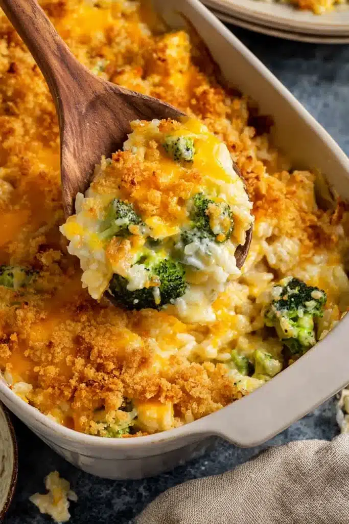 Chicken Broccoli Rice Casserole close-up with creamy cheese and crispy topping