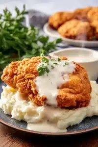 Crispy chicken fried chicken with creamy gravy and mashed potatoes on plate