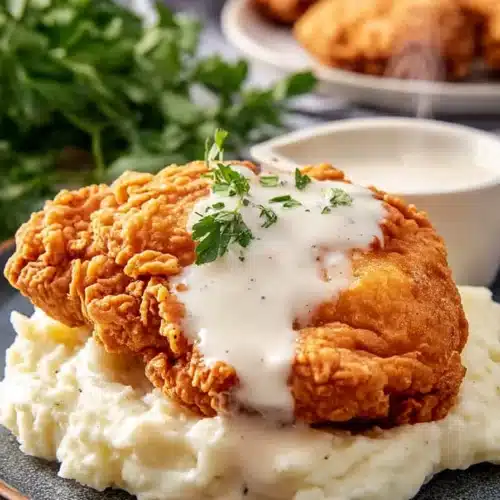 Crispy chicken fried chicken with creamy gravy and mashed potatoes on plate