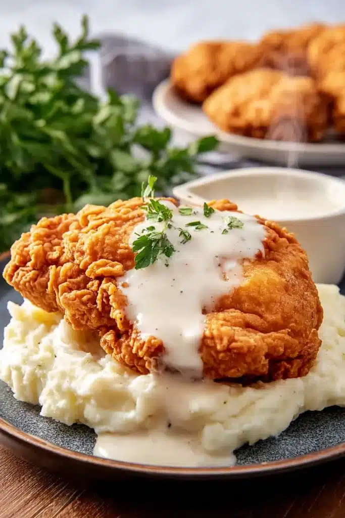 Crispy chicken fried chicken with creamy gravy and mashed potatoes on plate