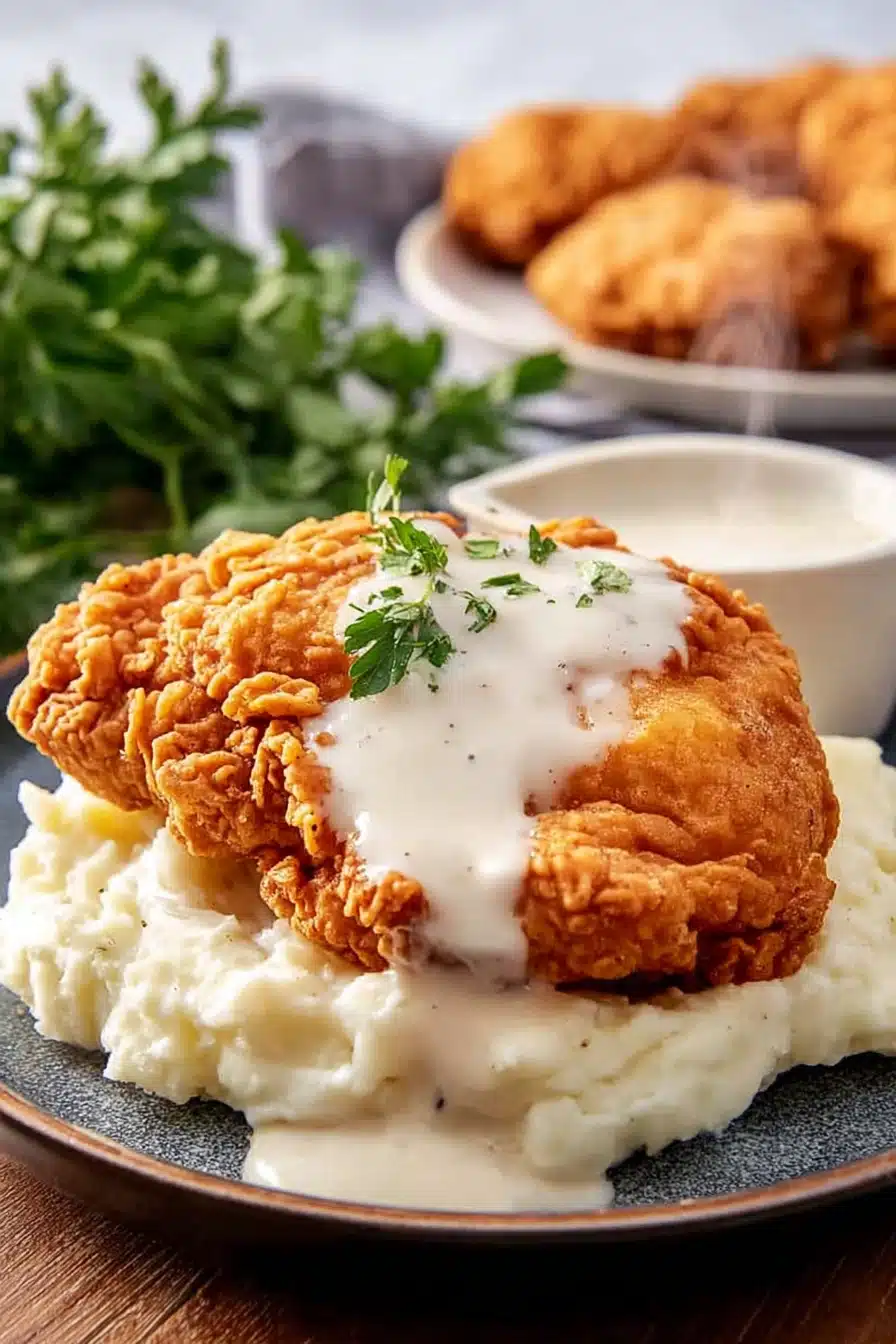 Crispy chicken fried chicken with creamy gravy and mashed potatoes on plate
