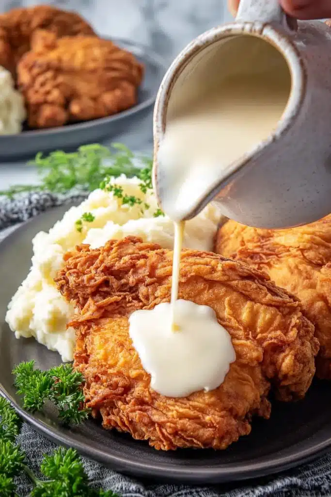Chicken Fried Chicken with gravy being poured over crispy fried chicken