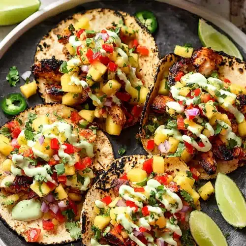 Chili lime chicken tacos with pineapple salsa and avocado crema on charred tortillas