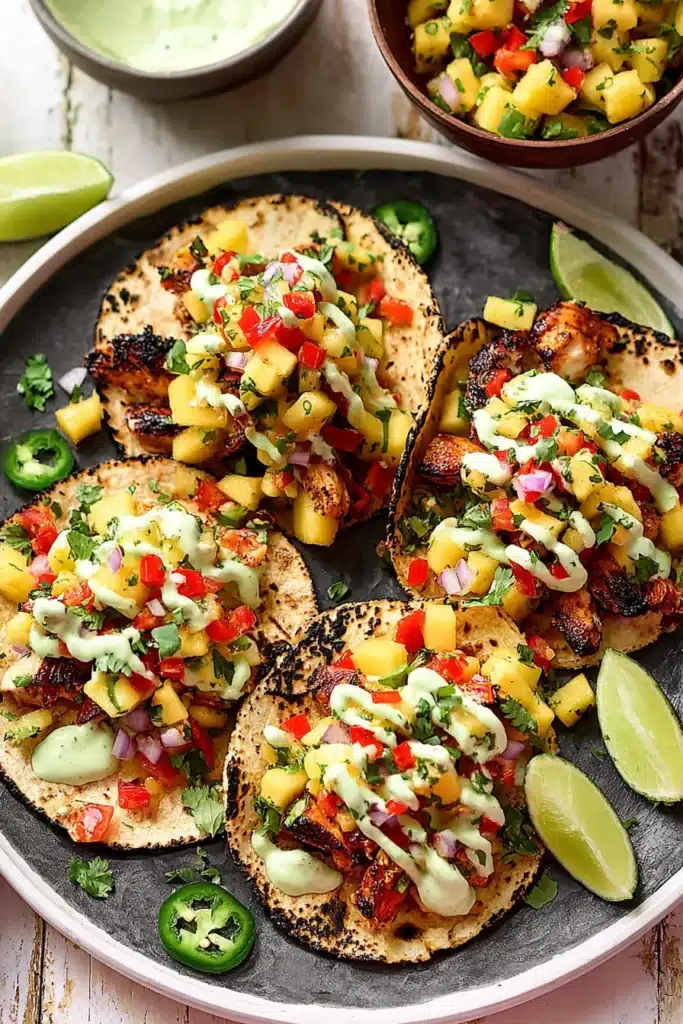 Chili lime chicken tacos with pineapple salsa and avocado crema on charred tortillas