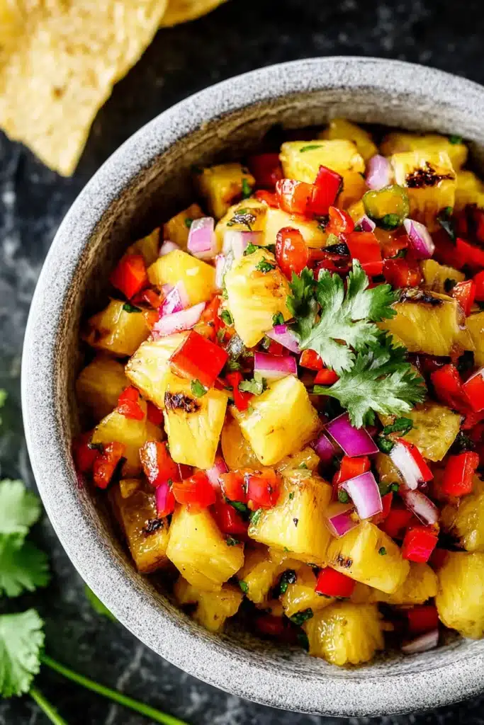 Chili Lime Chicken Tacos pineapple salsa with grilled fruit and fresh herbs