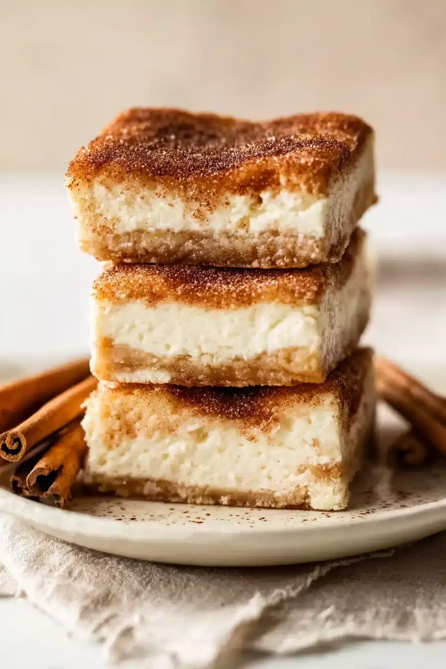 home 7 Churro cheesecake bars stacked with cinnamon sugar layers and creamy filling