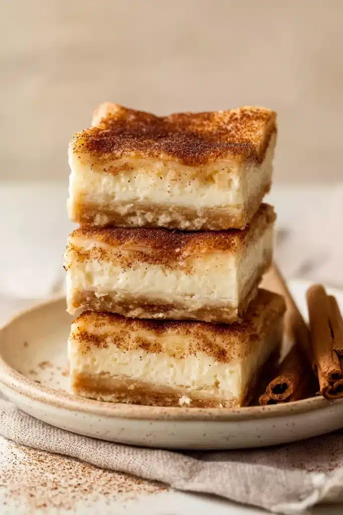 Churro cheesecake bars stacked with cinnamon sugar layers and creamy filling
