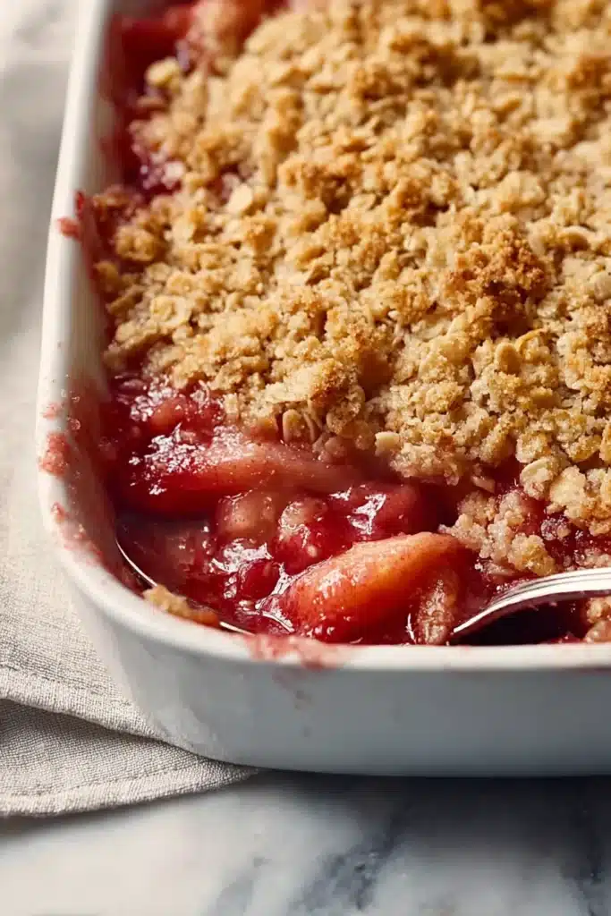 Classic rhubarb crisp with golden oat topping and bubbling red fruit filling