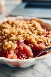Classic Rhubarb Crisp with crumb topping and glossy fruit filling close-up