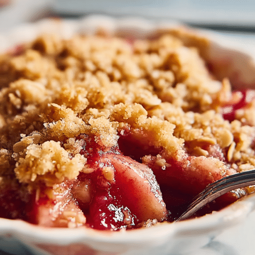 Classic Rhubarb Crisp with crumb topping and glossy fruit filling close-up