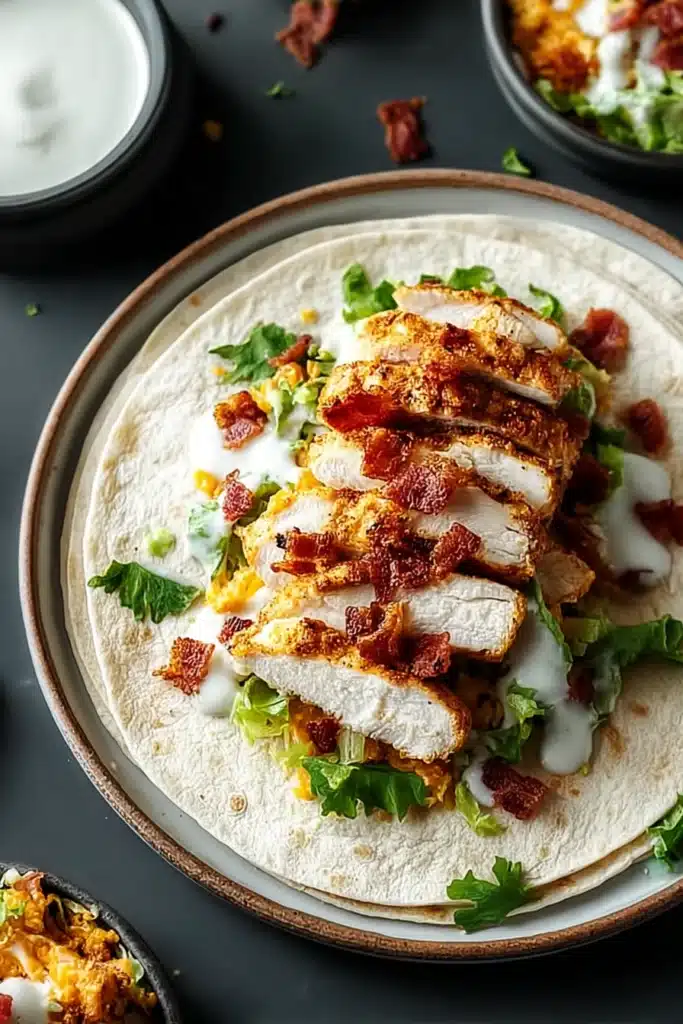 Crispy Chicken Bacon Ranch Wrap with grilled chicken, bacon, lettuce, and ranch dressing