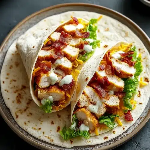 Crispy Chicken Bacon Ranch Wrap with grilled chicken, bacon, lettuce, and creamy dressing on tortillas