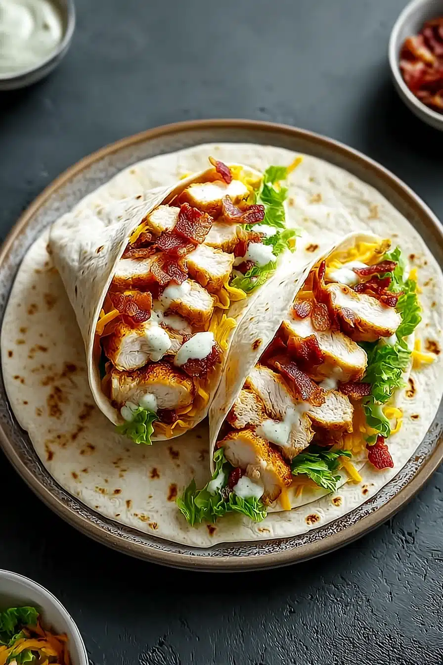 Crispy Chicken Bacon Ranch Wrap with grilled chicken, bacon, lettuce, and creamy dressing on tortillas