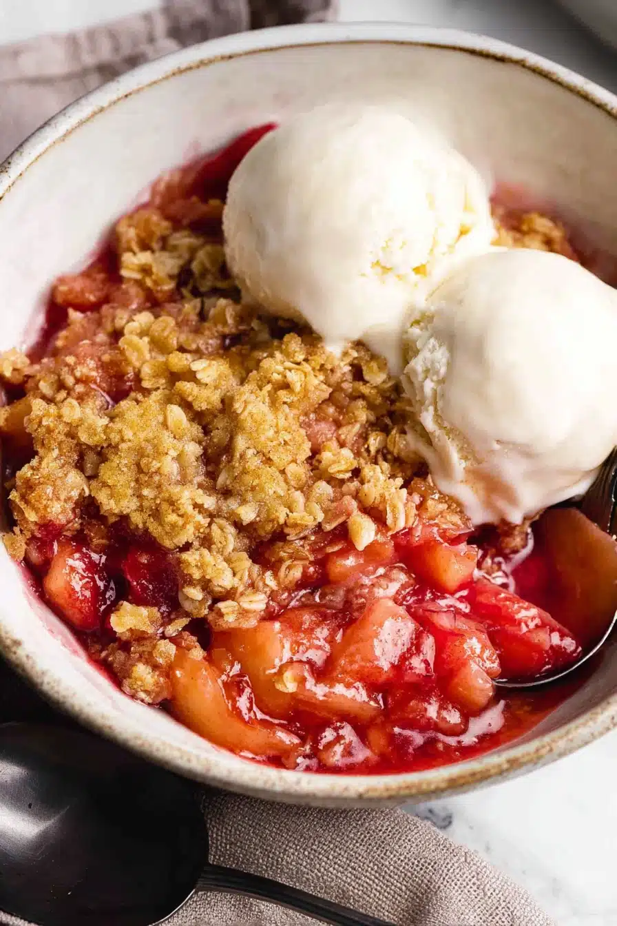 Easy rhubarb crisp with buttery crumble topping and vanilla ice cream