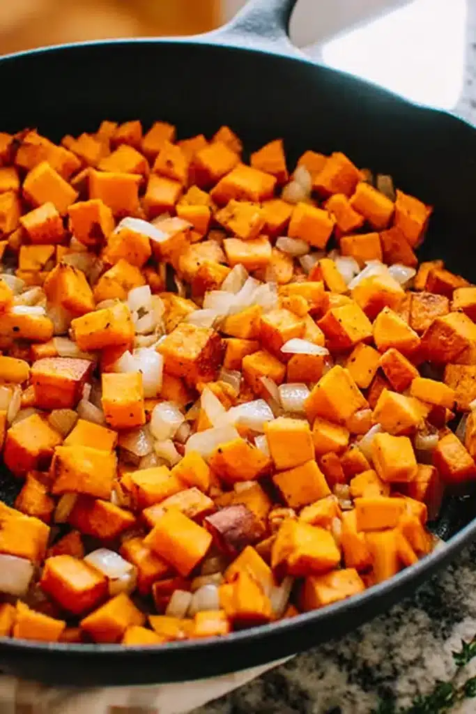 Sweet Potato Breakfast Hash Recipe You’ll Love Every Morning 2 Sweet potato breakfast hash cooking diced sweet potatoes in skillet
