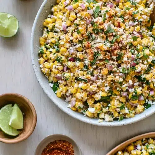 Elote corn salad with cheese, lime, and herbs in a bowl on a bright surface