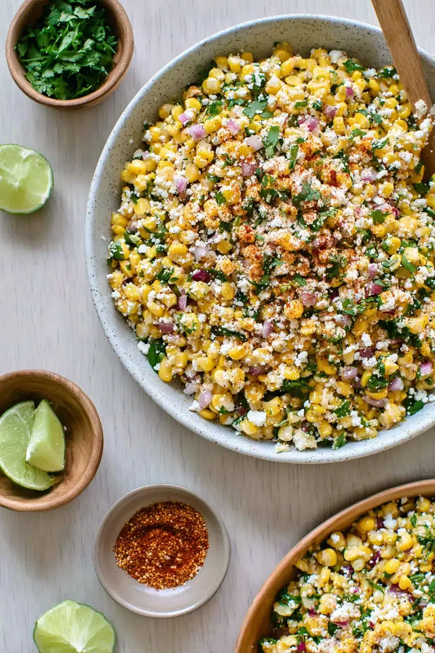 home 8 Elote corn salad with cheese, lime, and herbs in a bowl on a bright surface