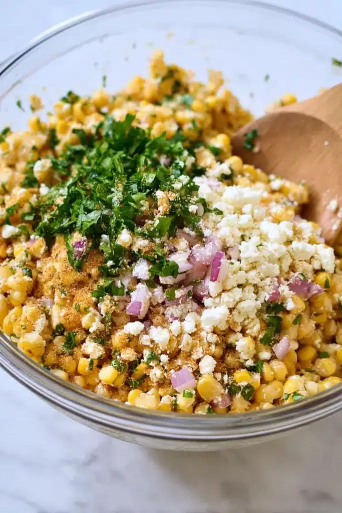 Elote Corn Salad being mixed in a bowl with cheese, herbs, and lime