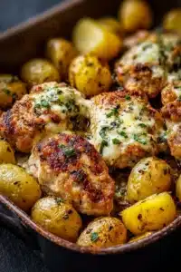 Garlic parmesan chicken with crispy roasted potatoes in a one pan dinner