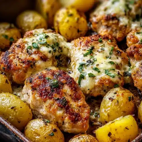 Garlic parmesan chicken with crispy roasted potatoes in a one pan dinner