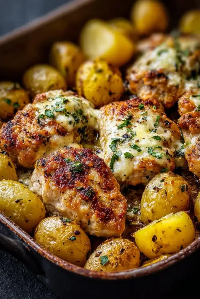 Garlic parmesan chicken with crispy roasted potatoes in a one pan dinner