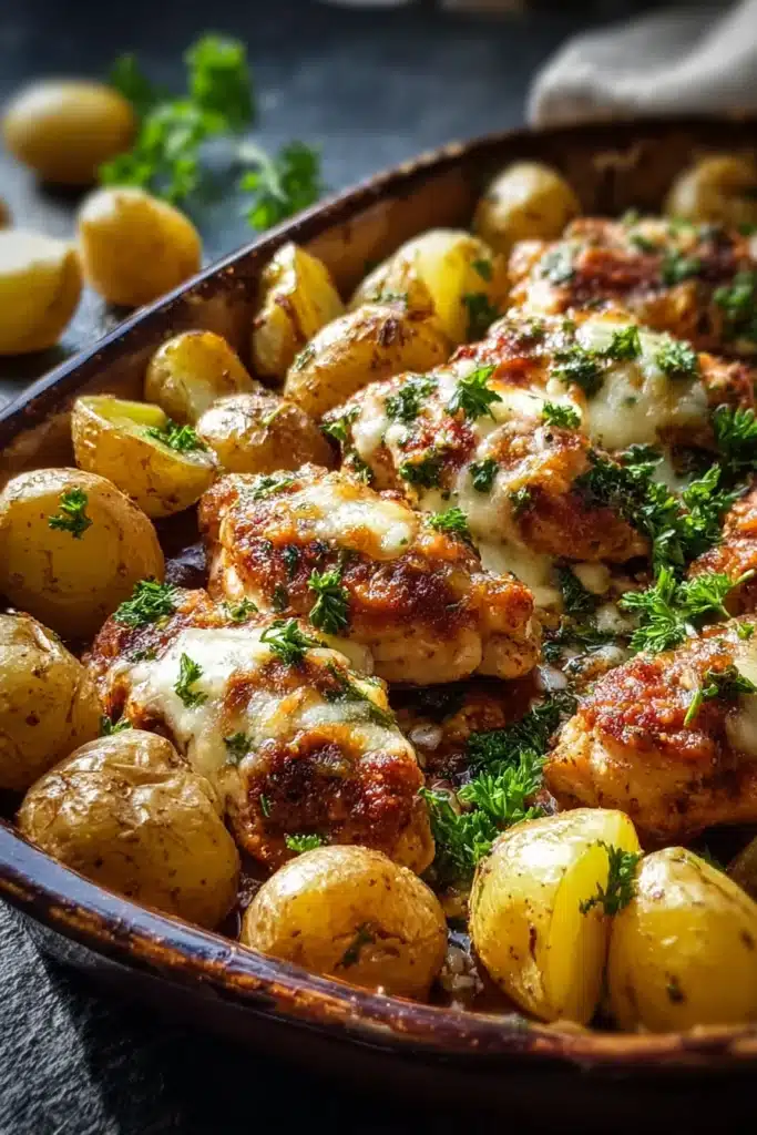 Garlic Parmesan Chicken and Potatoes with crispy chicken and roasted potatoes