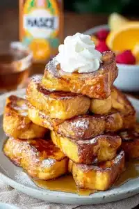 Hawaiian roll French toast stacked with syrup and powdered sugar on a plate