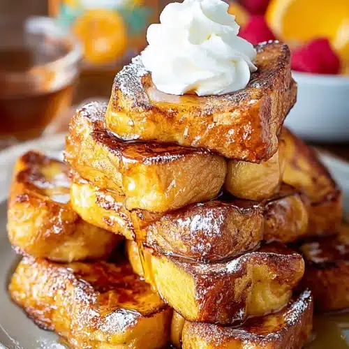 Hawaiian Roll French Toast Recipe You’ll Love Every Morning 4 Hawaiian roll French toast stacked with syrup and powdered sugar on a plate
