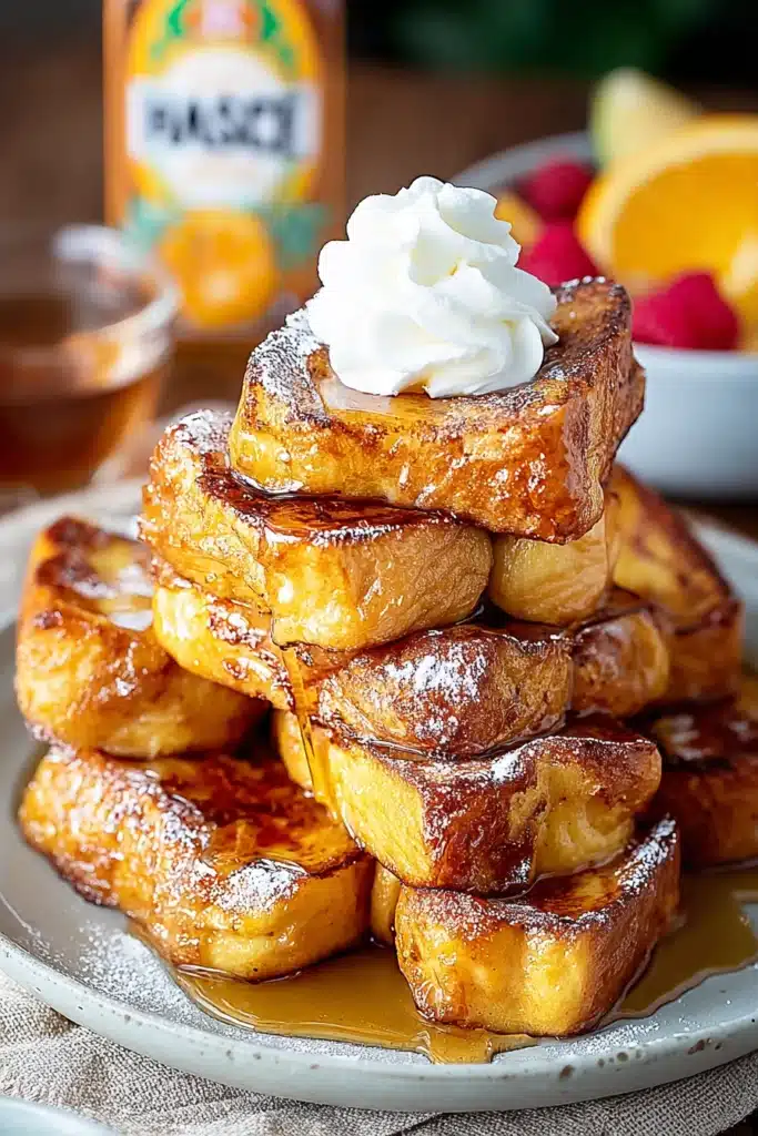 Hawaiian Roll French Toast Recipe You’ll Love Every Morning 1 Hawaiian roll French toast stacked with syrup and powdered sugar on a plate