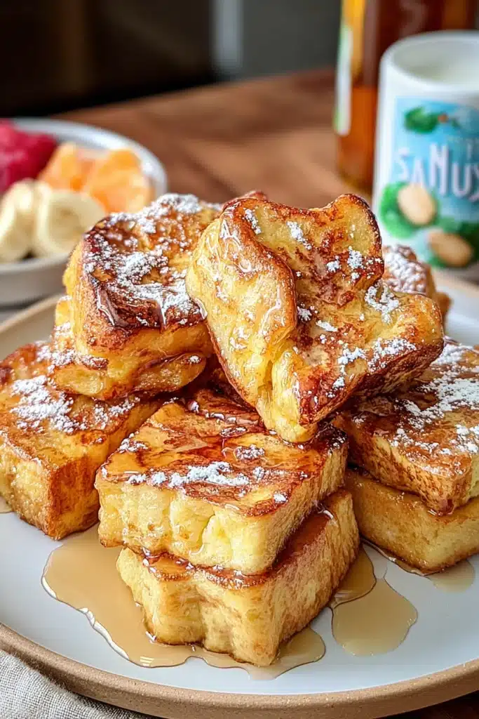 Hawaiian Roll French Toast Recipe You’ll Love Every Morning 2 Hawaiian Roll French Toast cubes with syrup and powdered sugar on plate
