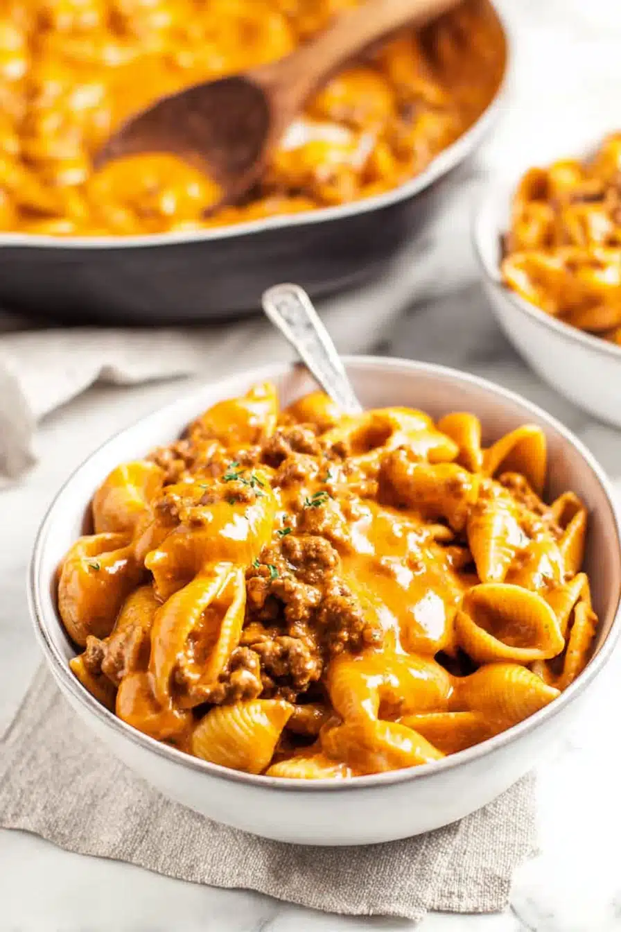Creamy homemade hamburger helper with tender pasta and rich cheesy beef sauce. This cozy one-pot meal looks indulgent, comforting, and perfect for easy family dinners.