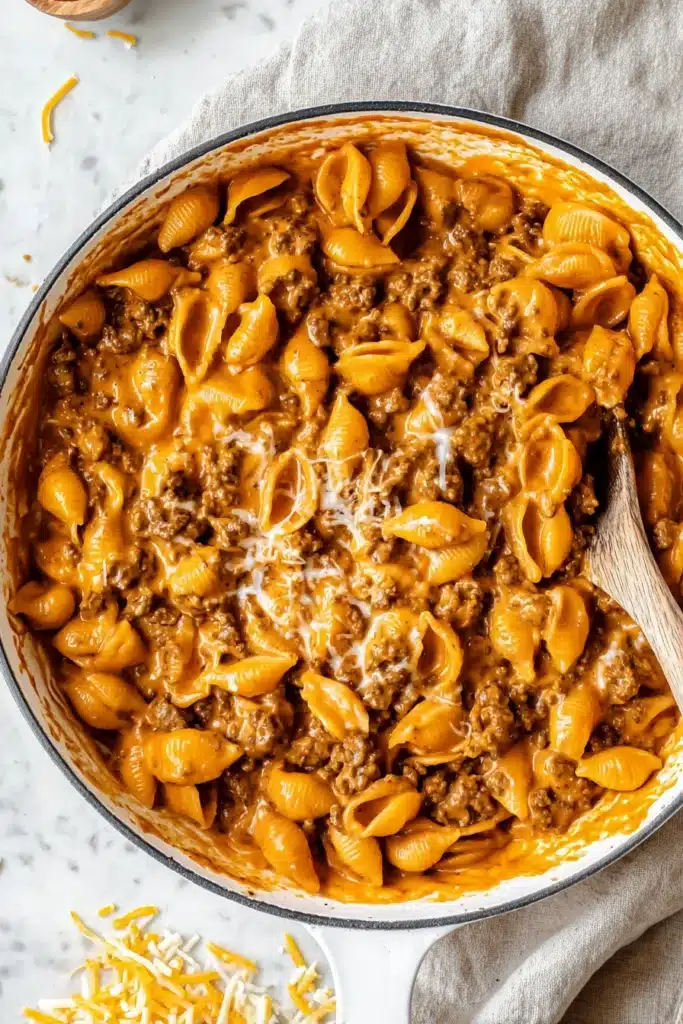 Homemade Hamburger Helper in skillet with creamy beef and shell pasta