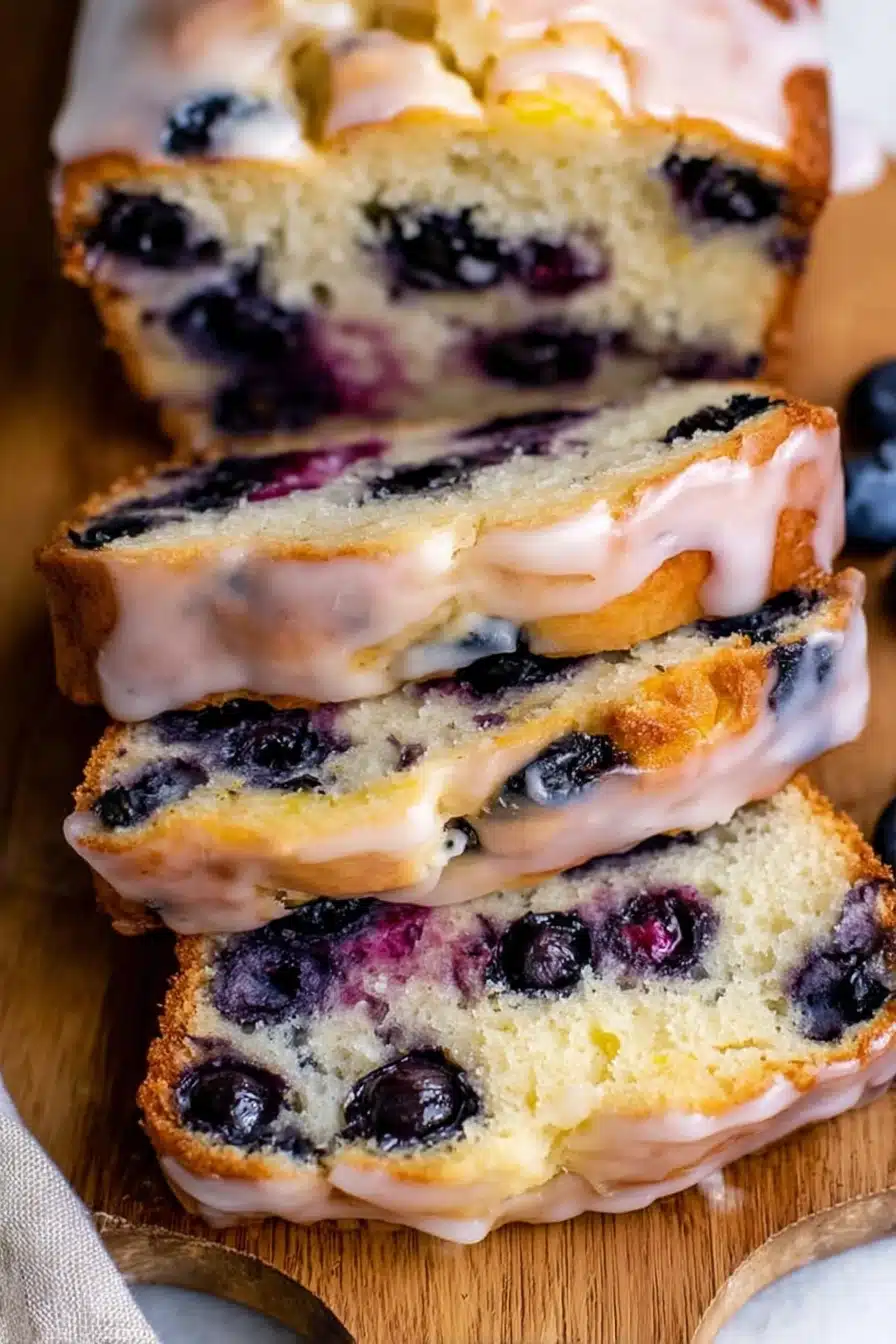 home 8 Moist lemon blueberry bread slices with glaze and fresh blueberries