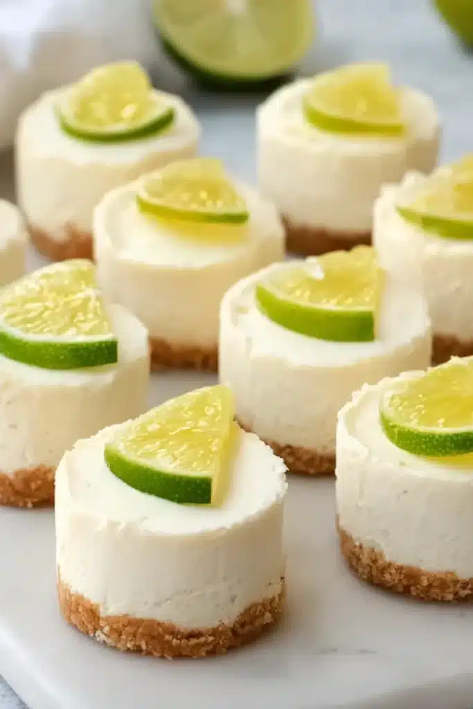 Mini margarita cheesecakes with lime slices on creamy no bake cheesecake bites