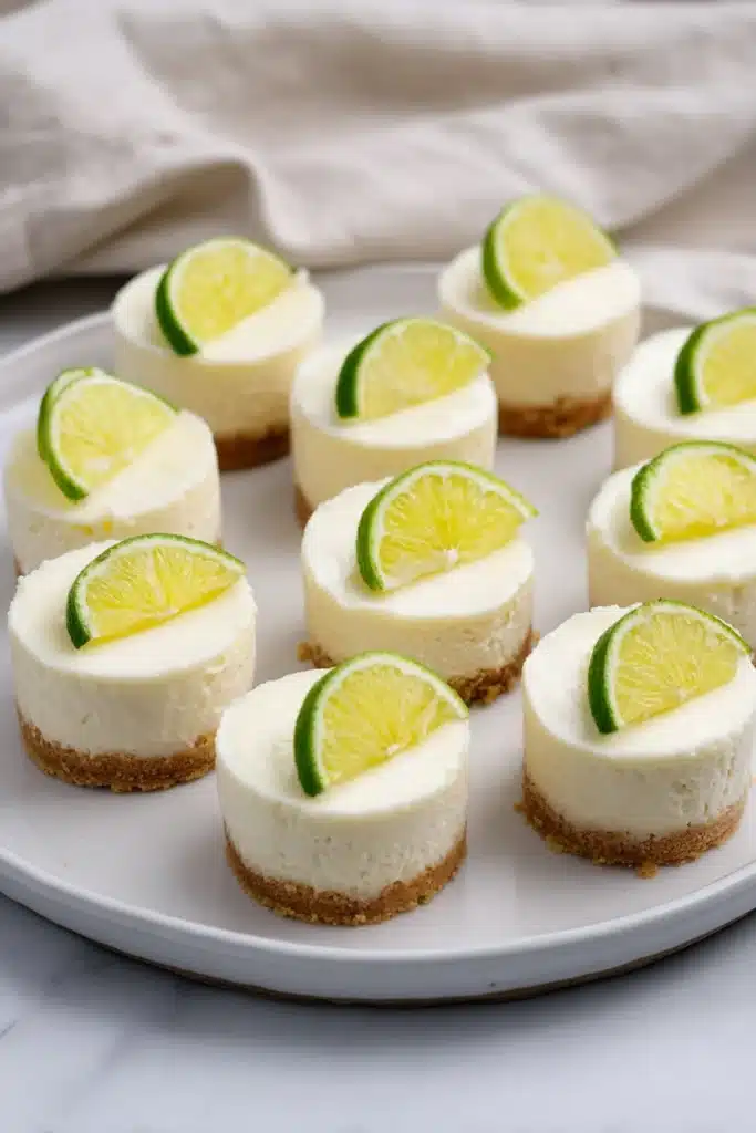 Mini Margarita Cheesecakes served on a plate with fresh lime garnish