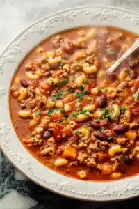 Olive Garden Pasta e Fagioli soup with beans, pasta, and ground beef in rich tomato broth