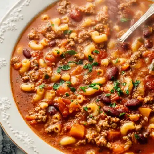 Olive Garden Pasta e Fagioli soup with beans, pasta, and ground beef in rich tomato broth