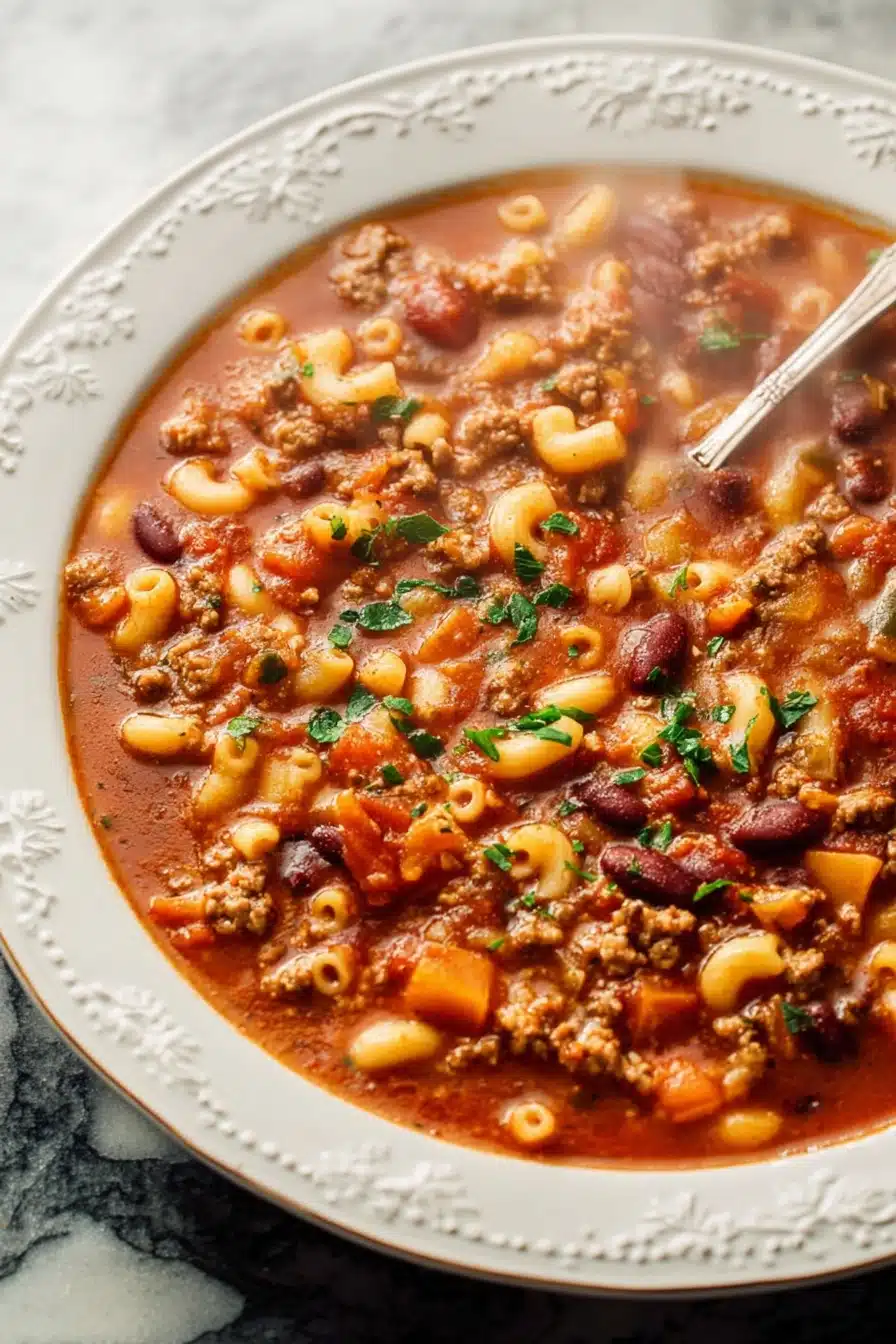 Olive Garden Pasta e Fagioli soup with beans, pasta, and ground beef in rich tomato broth