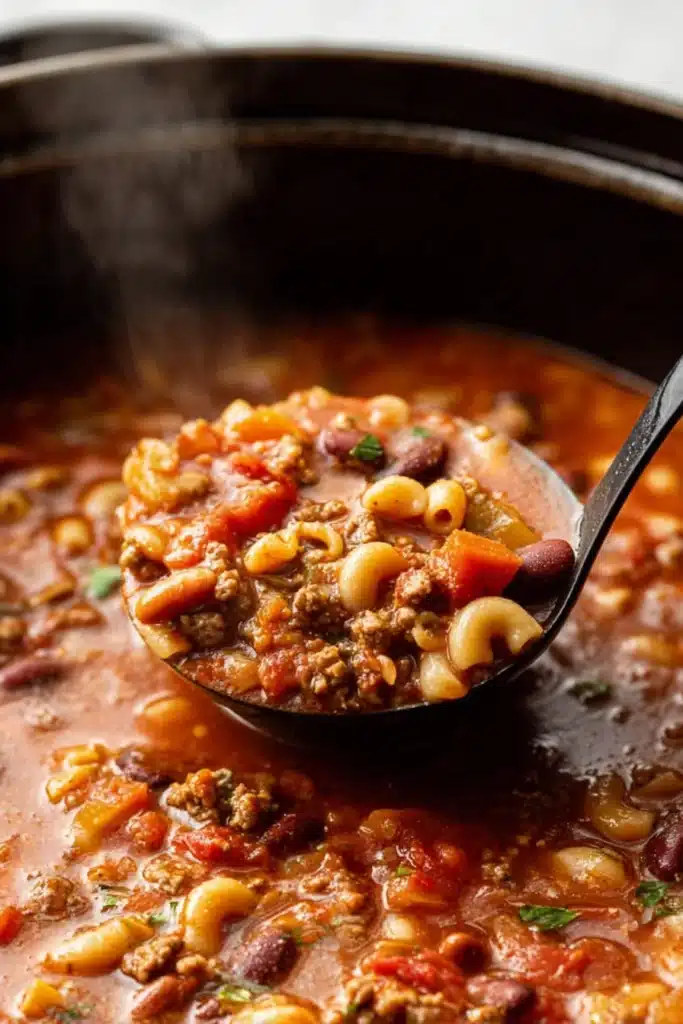Olive Garden Pasta e Fagioli being scooped with ladle from pot