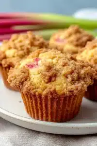 Quick rhubarb muffins with crumb topping on a plate, soft and moist texture