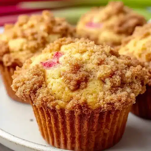 Quick rhubarb muffins with crumb topping on a plate, soft and moist texture